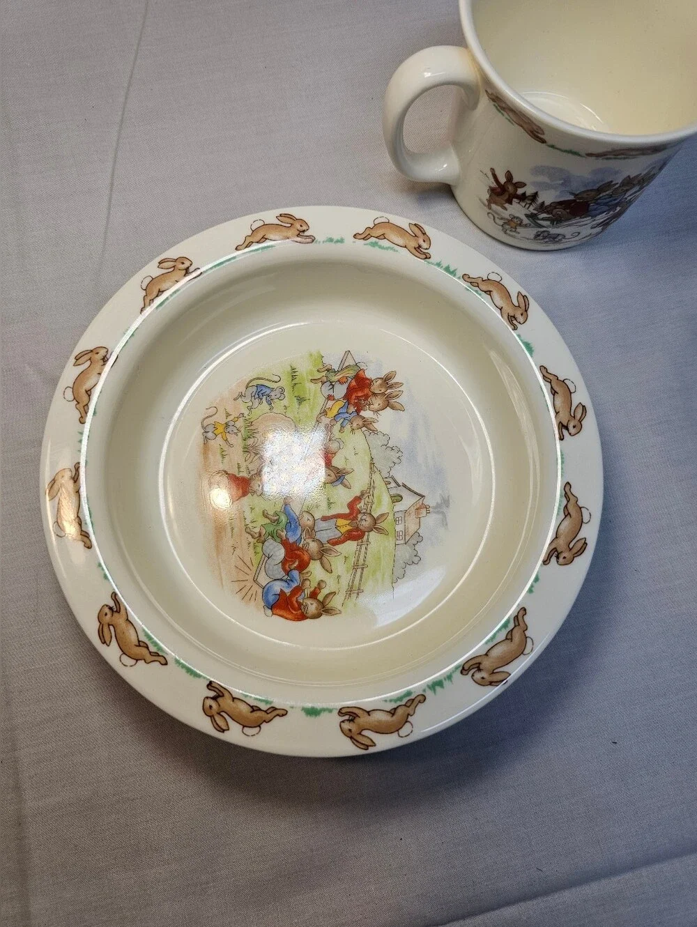 1936 Royal Doulton Children's Bunnykins Story Ceramic Plate and Mug Set